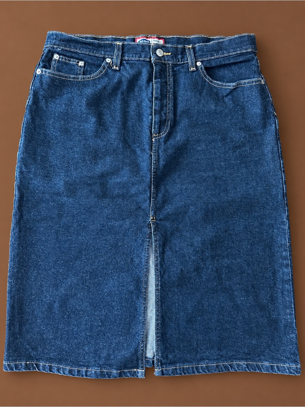 Old Navy Blue Jeans Size 14 Dark Wash Denim Midi Pencil Skirt front side